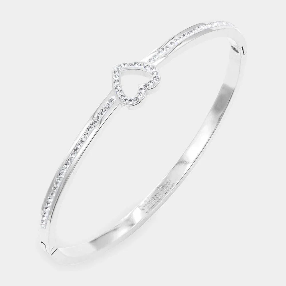 Silver CZ Embellished Heart Stainless Steel Bangle Evening Bracelet - Jewelry Store by Erik Rayo