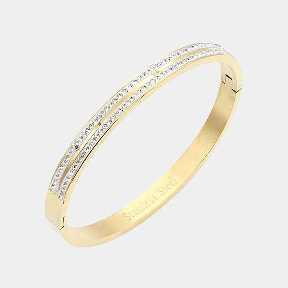 Gold CZ Embellished Stainless Steel Bangle Evening Bracelet - Jewelry Store by Erik Rayo