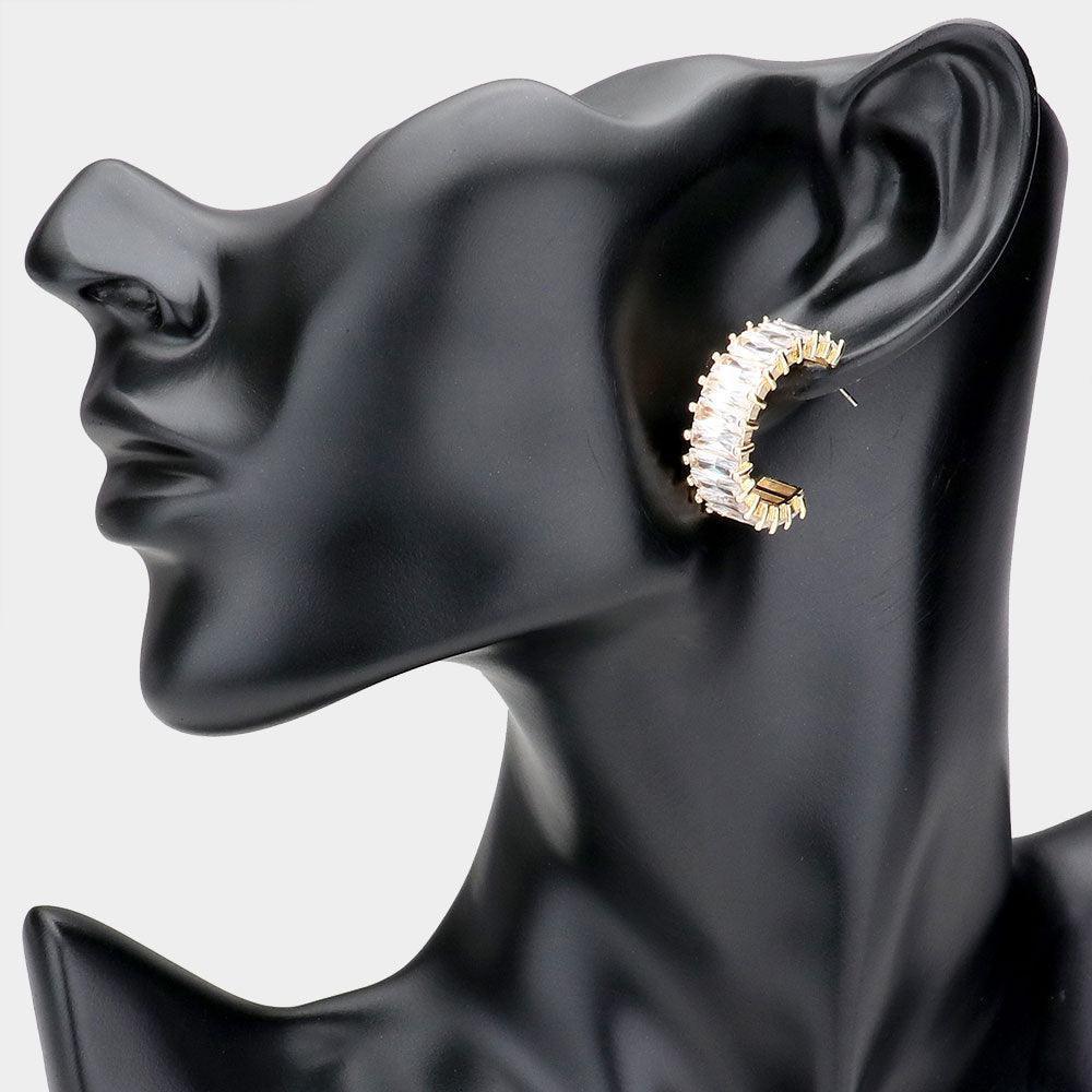 Gold CZ Rectangle Stone Cluster Half Hoop Evening Earrings - Jewelry Store by Erik Rayo