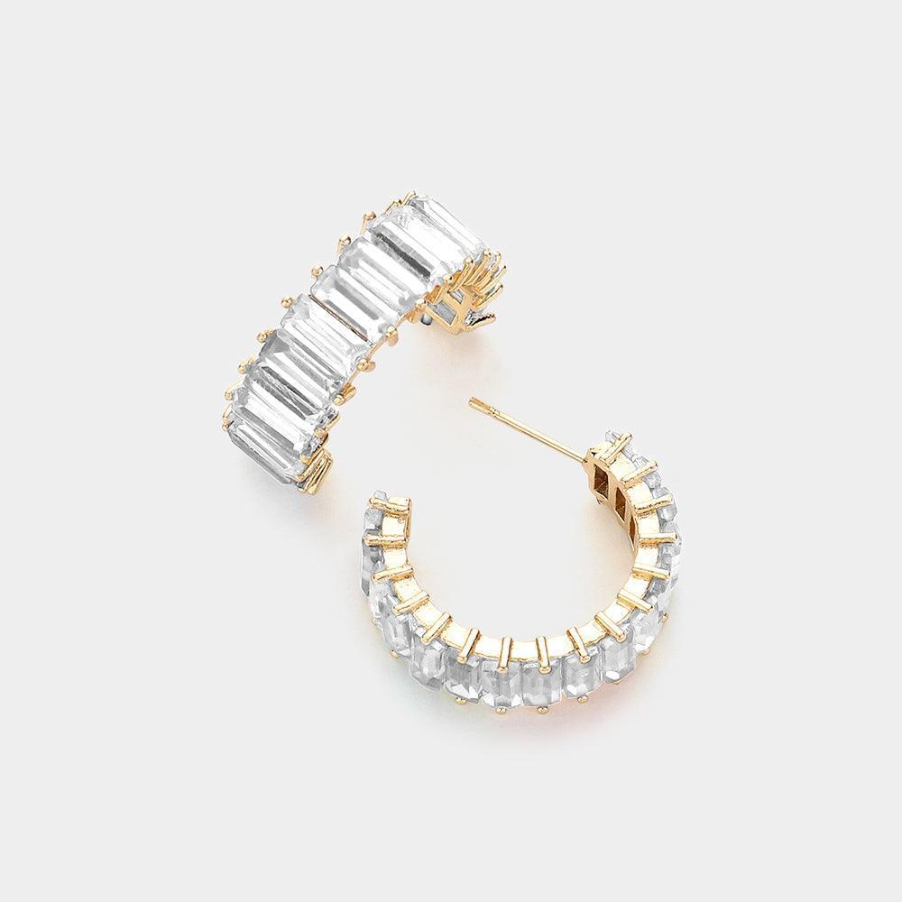 Gold CZ Rectangle Stone Cluster Half Hoop Evening Earrings - Jewelry Store by Erik Rayo