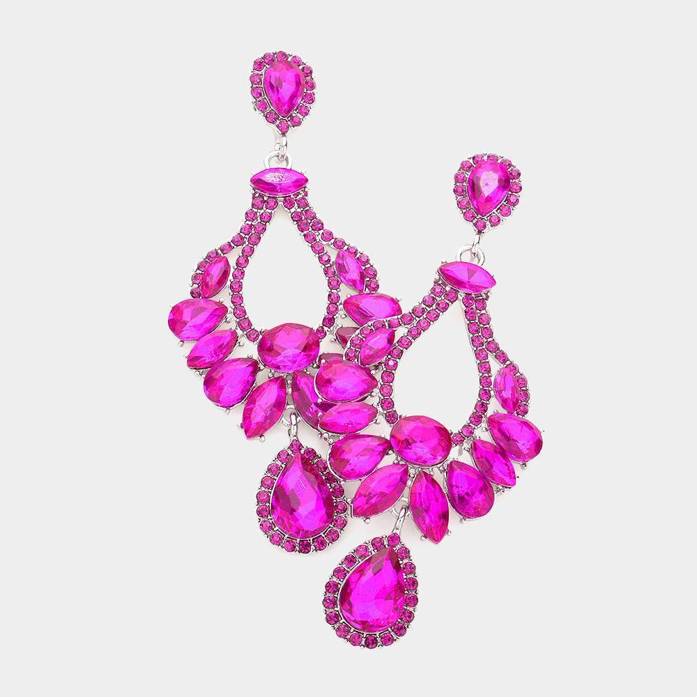 Fuchsia Multi Stone Cluster Dangle Evening Earrings - Jewelry Store by Erik Rayo