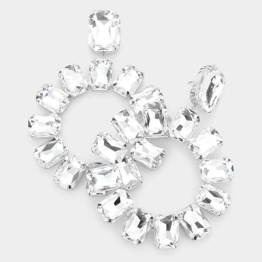 Silver Rectangle Glass Stone Cluster Open Circle Dangle Evening Earrings - Jewelry Store by Erik Rayo