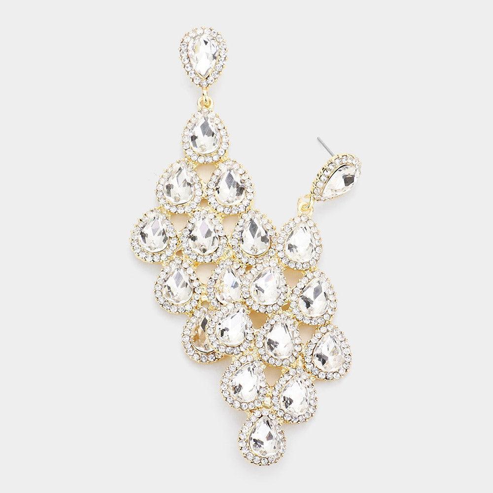 Gold Rhinestone Trim Teardrop Cluster Vine Evening Earrings - Jewelry Store by Erik Rayo