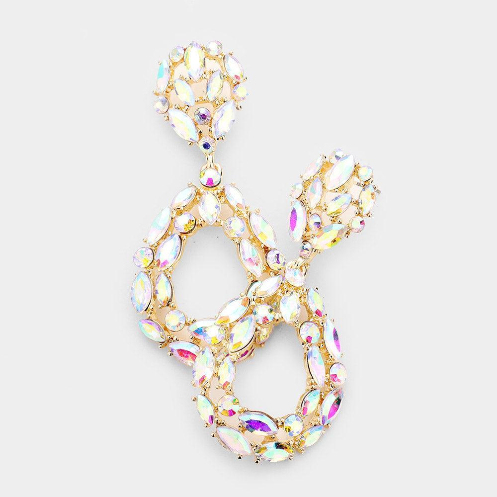 Gold Marquise Round Stone Cluster Open Teardrop Evening Earrings - Jewelry Store by Erik Rayo