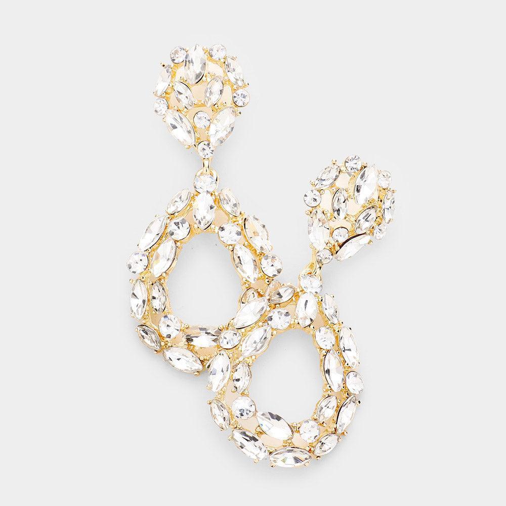 Gold Marquise Round Stone Cluster Open Teardrop Evening Earrings - Jewelry Store by Erik Rayo