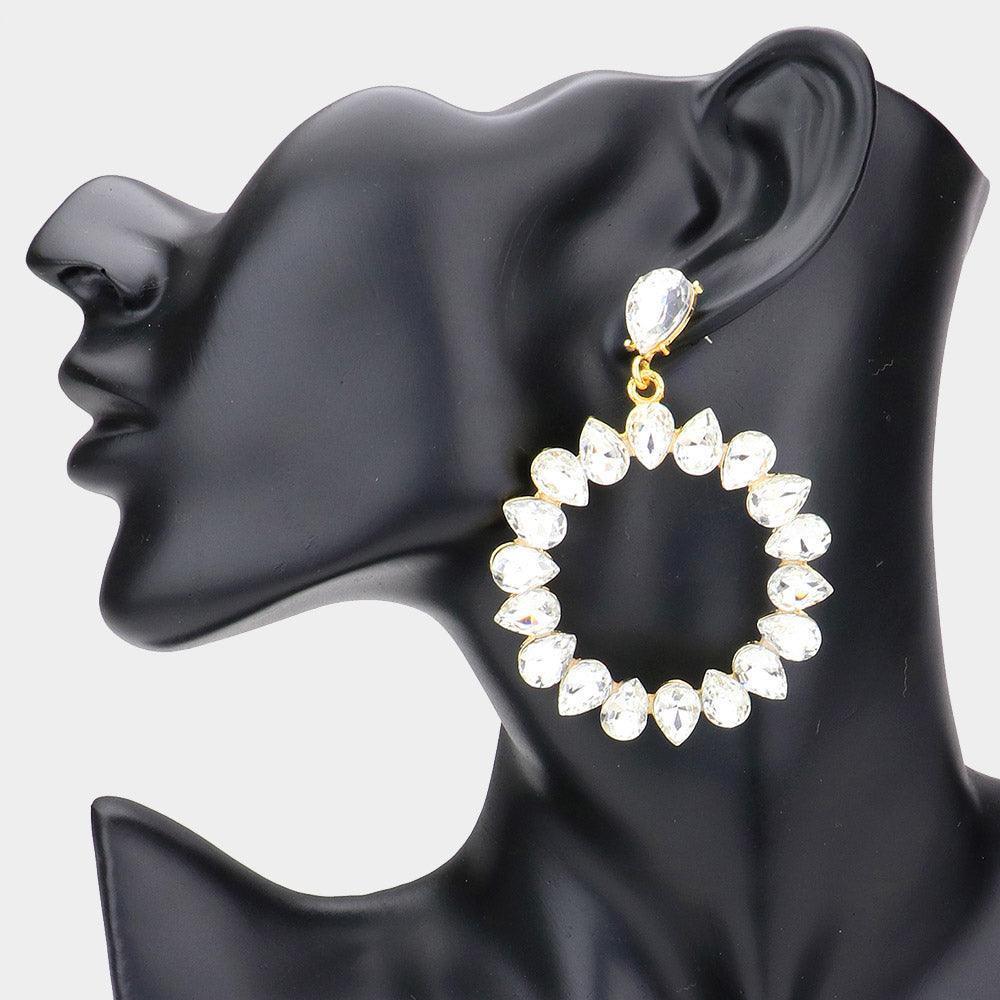 Gold Teardrop Stone Cluster Open Circle Dangle Evening Earrings - Jewelry Store by Erik Rayo