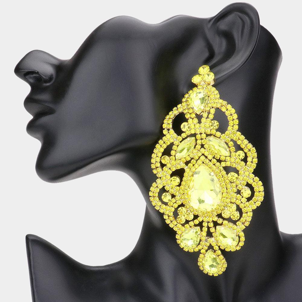 Yellow Oversized Teardrop Crystal Accented Evening Earrings - Jewelry Store by Erik Rayo