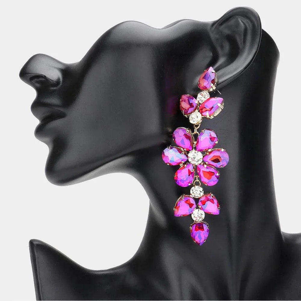 Gold Flower Glass Stone Cluster Accented Evening Earrings - Jewelry Store by Erik Rayo