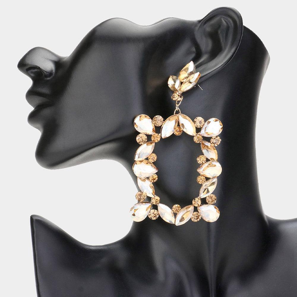 Gold Marquise Round Stone Cluster Open Rectangle Dangle Evening Earrings - Jewelry Store by Erik Rayo
