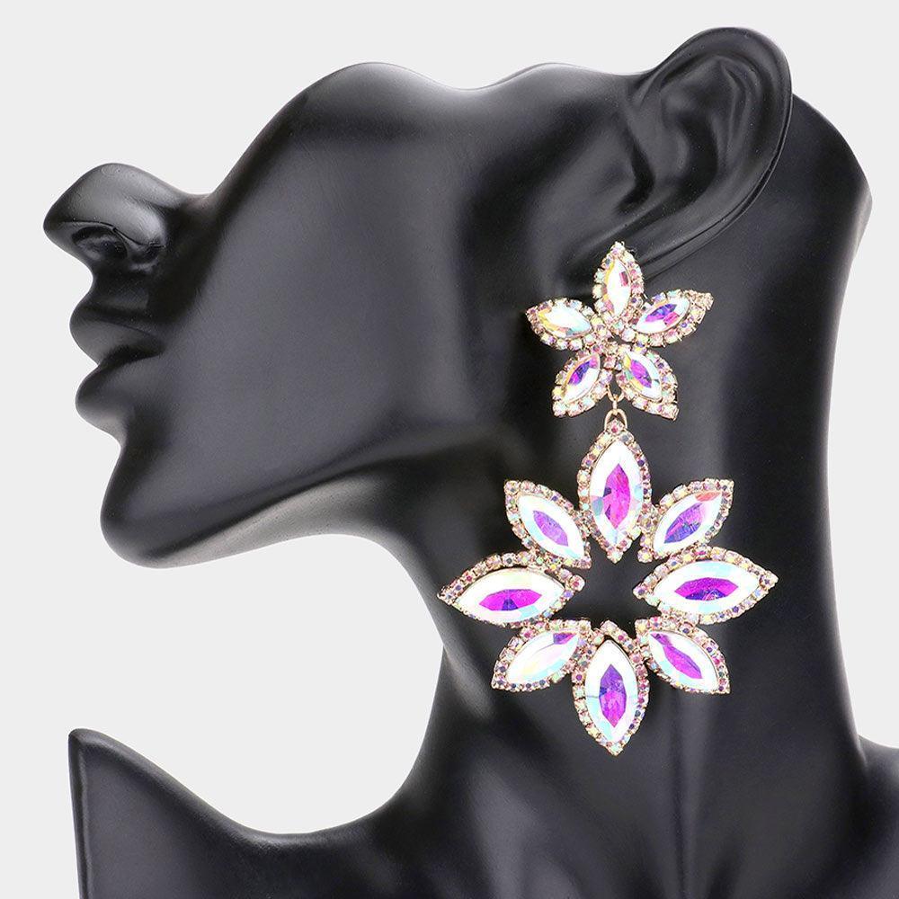 Gold Floral Marquise Stone Cluster Dangle Evening Earrings - Jewelry Store by Erik Rayo