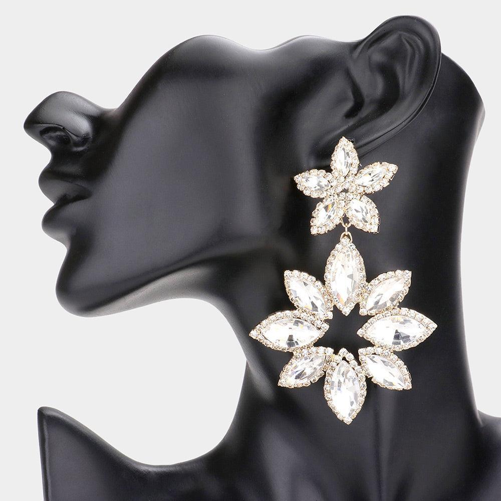 Gold Floral Marquise Stone Cluster Dangle Evening Earrings - Jewelry Store by Erik Rayo