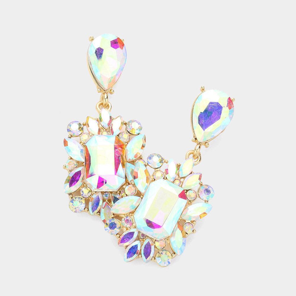 Gold Square Teardrop Stone Cluster Dangle Evening Earrings - Jewelry Store by Erik Rayo