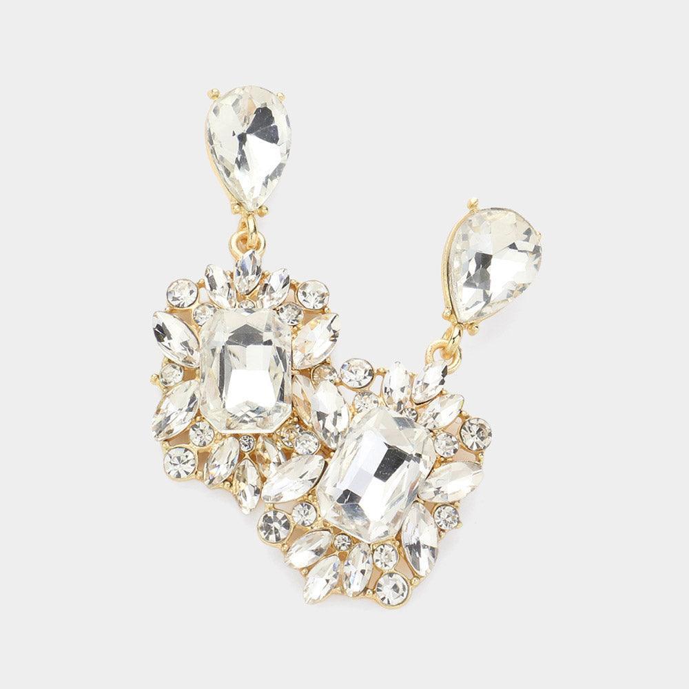 Gold Square Teardrop Stone Cluster Dangle Evening Earrings - Jewelry Store by Erik Rayo