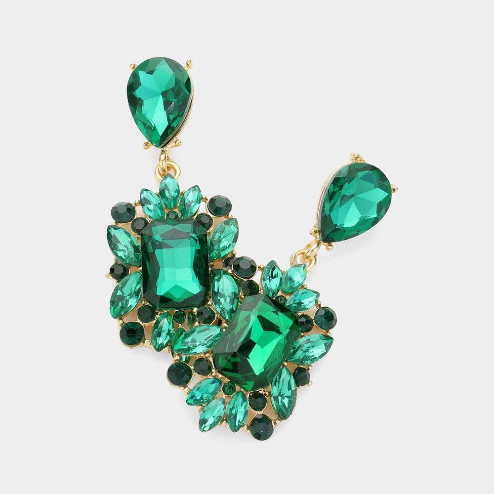 Gold Square Teardrop Stone Cluster Dangle Evening Earrings - Jewelry Store by Erik Rayo