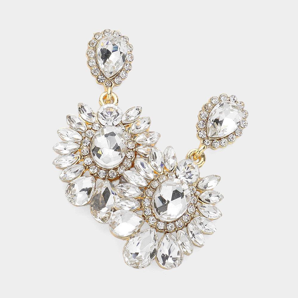 Gold Teardrop Stone Cluster Embellished Dangle Evening Earrings - Jewelry Store by Erik Rayo