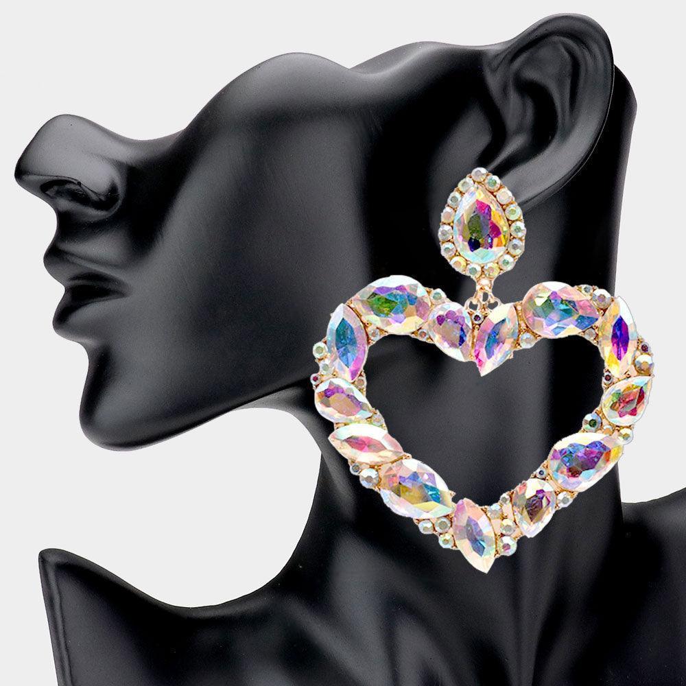 Gold Marquise Teardrop Stone Cluster Open Heart Dangle Evening Earrings - Jewelry Store by Erik Rayo
