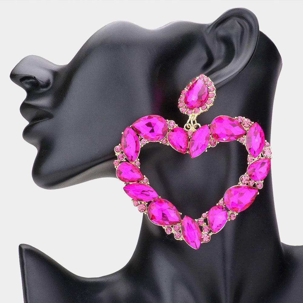 Fuchsia Marquise Teardrop Stone Cluster Open Heart Dangle Evening Earrings - Jewelry Store by Erik Rayo