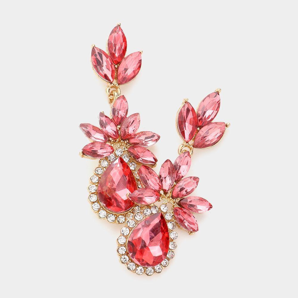 Coral Marquise Stone Cluster Teardrop Accented Dangle Evening Earrings - Jewelry Store by Erik Rayo