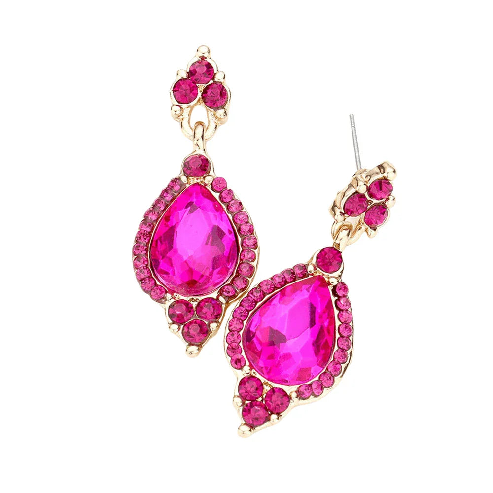 Fuchsia Teardrop Centered Dangle Evening Earrings - Jewelry Store by Erik Rayo
