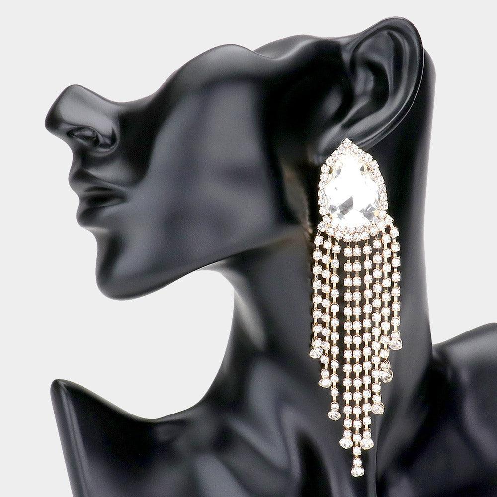 Gold Teardrop Stone Accented Fringe Dangle Evening Earrings - Jewelry Store by Erik Rayo