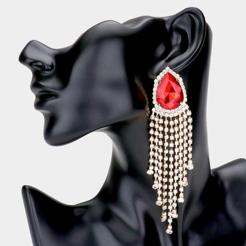 Red Teardrop Stone Accented Fringe Dangle Evening Earrings - Jewelry Store by Erik Rayo