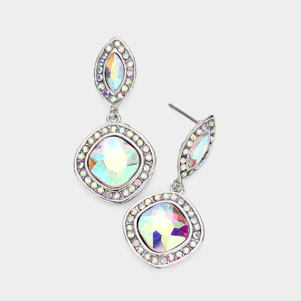 Silver Rhinestone Trimmed Marquise Square Stone Link Dangle Evening Earrings - Jewelry Store by Erik Rayo