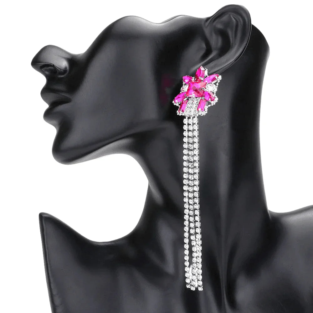 Fuchsia Multi Stone Cluster Dropped Rhinestone Dangle Evening Earrings - Jewelry Store by Erik Rayo