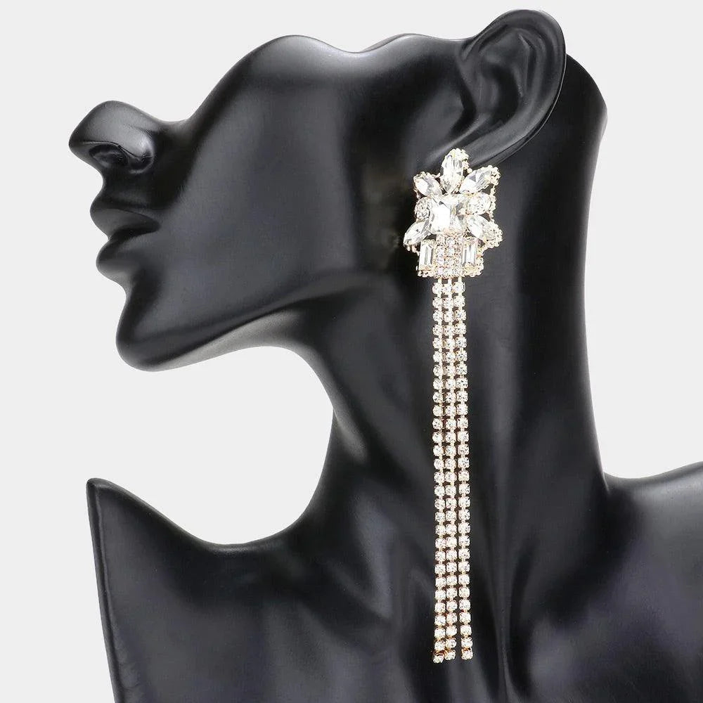 Gold Multi Stone Cluster Dropped Rhinestone Dangle Evening Earrings - Jewelry Store by Erik Rayo