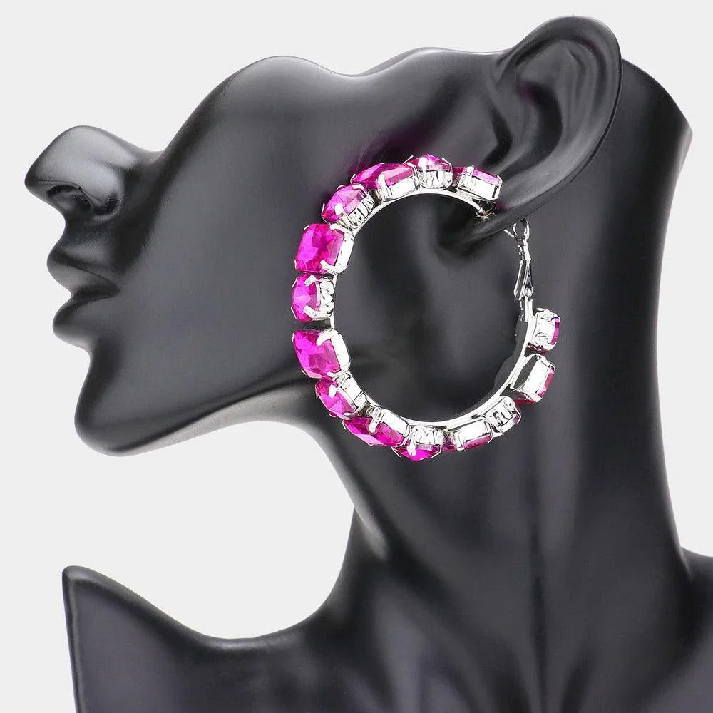 Fuchsia Round Emerald Cut Stone Cluster Hoop Evening Earrings - Jewelry Store by Erik Rayo
