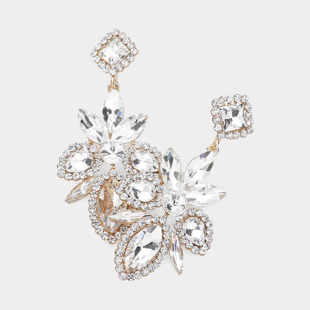 Gold Marquise Stone Cluster Embellished Dangle Evening Earrings - Jewelry Store by Erik Rayo