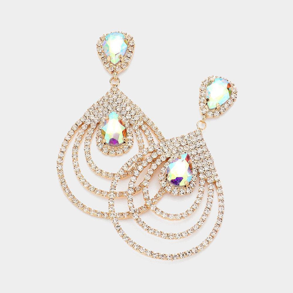 Gold Teardrop Rhinestone Cluster Pointed Dangle Evening Earrings - Jewelry Store by Erik Rayo