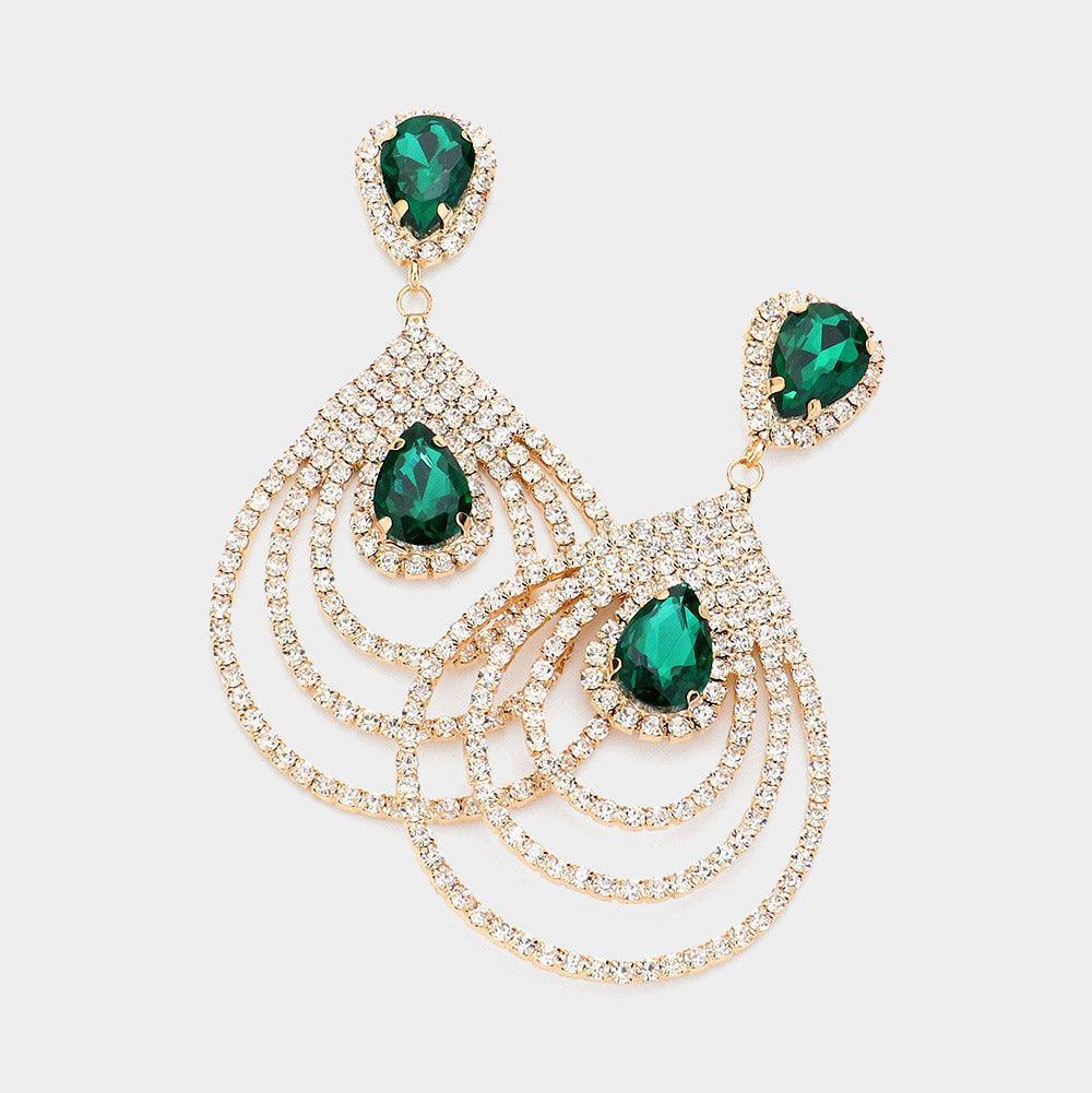 Gold Teardrop Rhinestone Cluster Pointed Dangle Evening Earrings - Jewelry Store by Erik Rayo