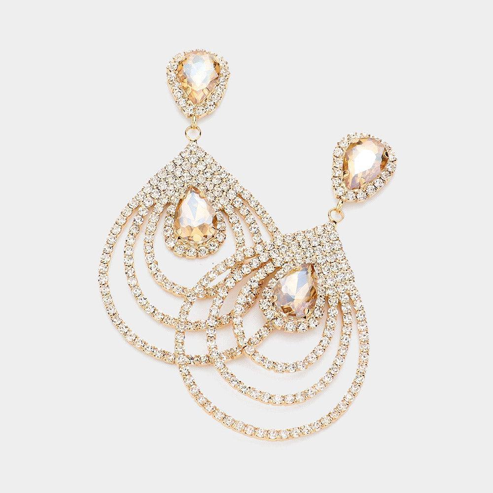 Gold Teardrop Rhinestone Cluster Pointed Dangle Evening Earrings - Jewelry Store by Erik Rayo