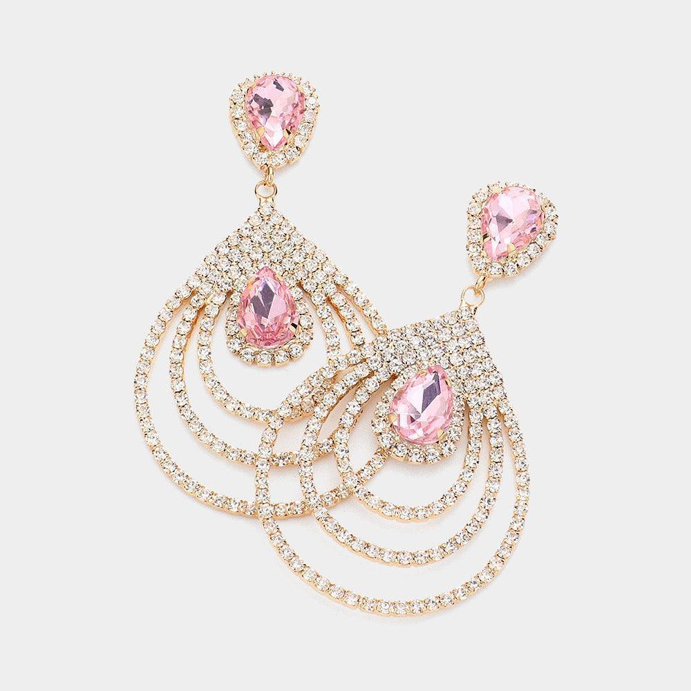 Pink Teardrop Rhinestone Cluster Pointed Dangle Evening Earrings - Jewelry Store by Erik Rayo