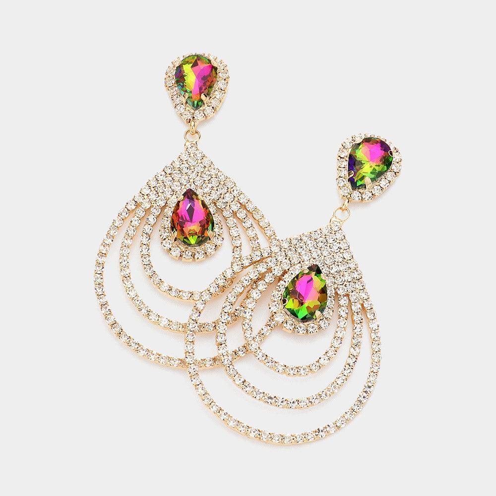 Gold Teardrop Rhinestone Cluster Pointed Dangle Evening Earrings - Jewelry Store by Erik Rayo