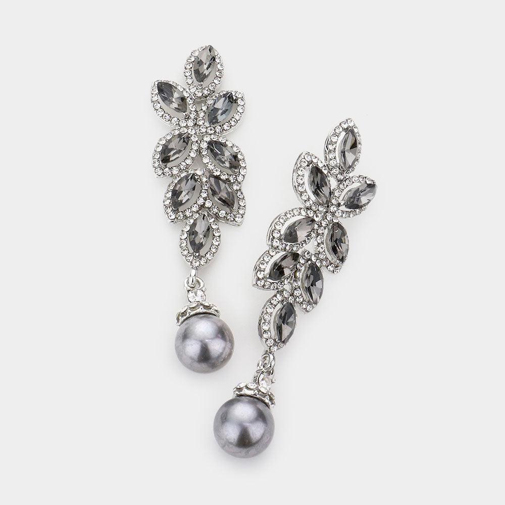 Rhinestone Trim Marquise Stone Cluster Vine Pearl Link Evening Earrings - Jewelry Store by Erik Rayo
