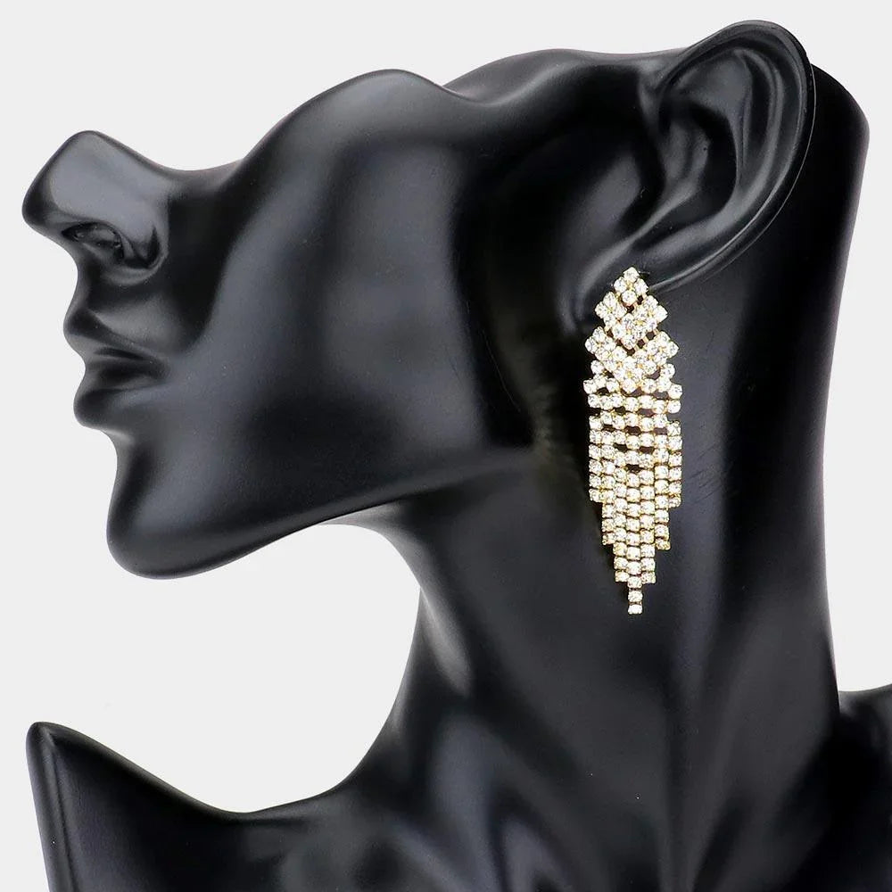 Gold Rhinestone Pave Fringe Dangle Evening Earrings - Jewelry Store by Erik Rayo