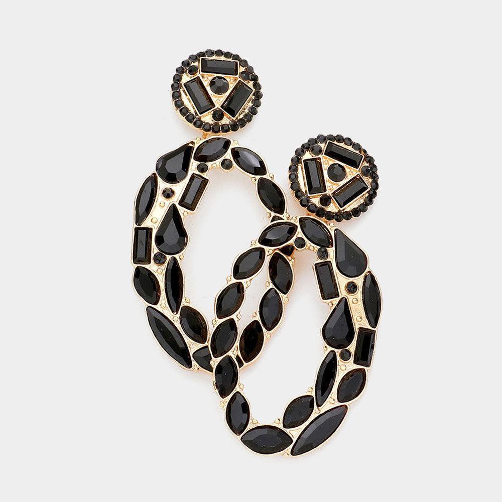 Gold Marquise Round Rectangular Stone Cluster Evening Earrings - Jewelry Store by Erik Rayo