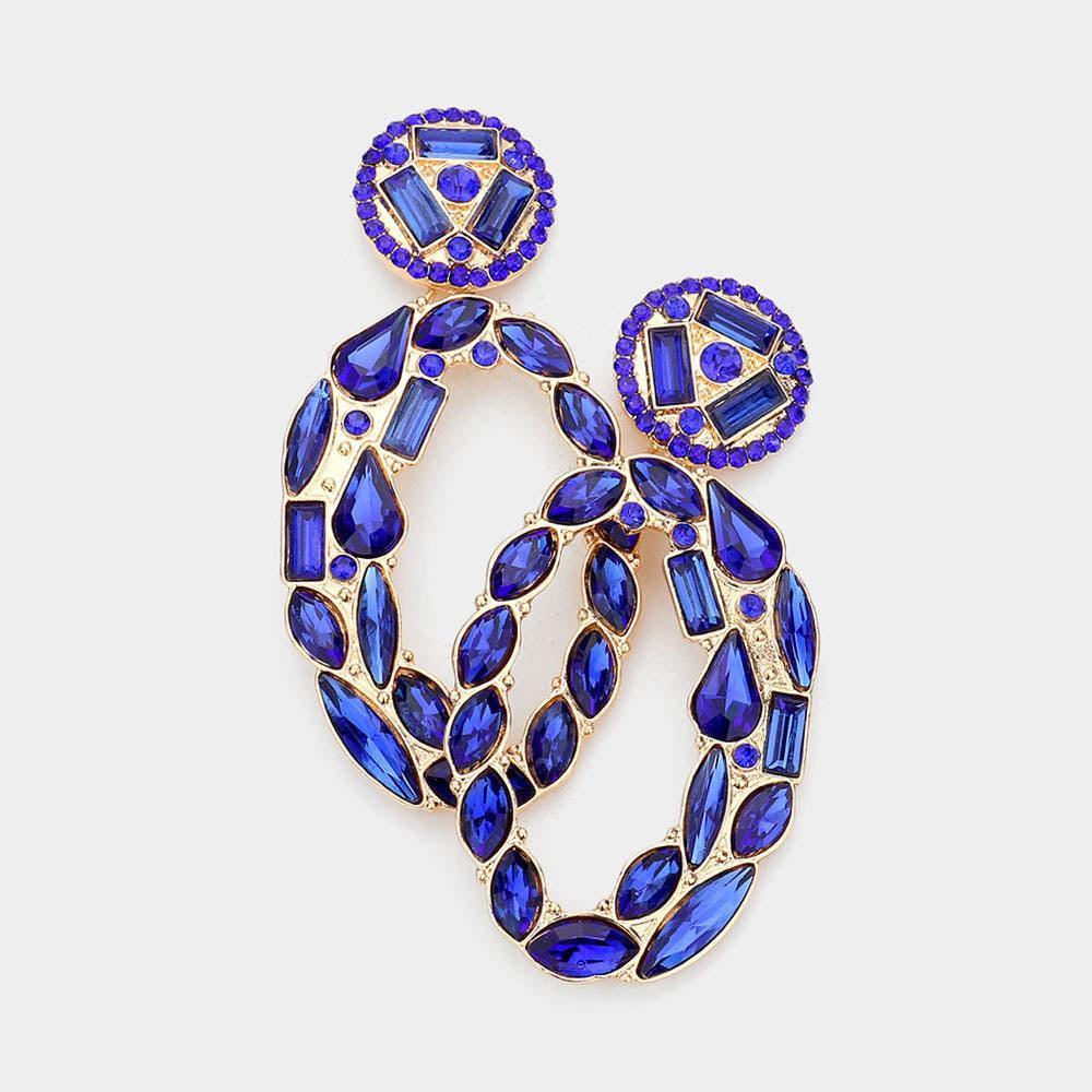 Gold Marquise Round Rectangular Stone Cluster Evening Earrings - Jewelry Store by Erik Rayo
