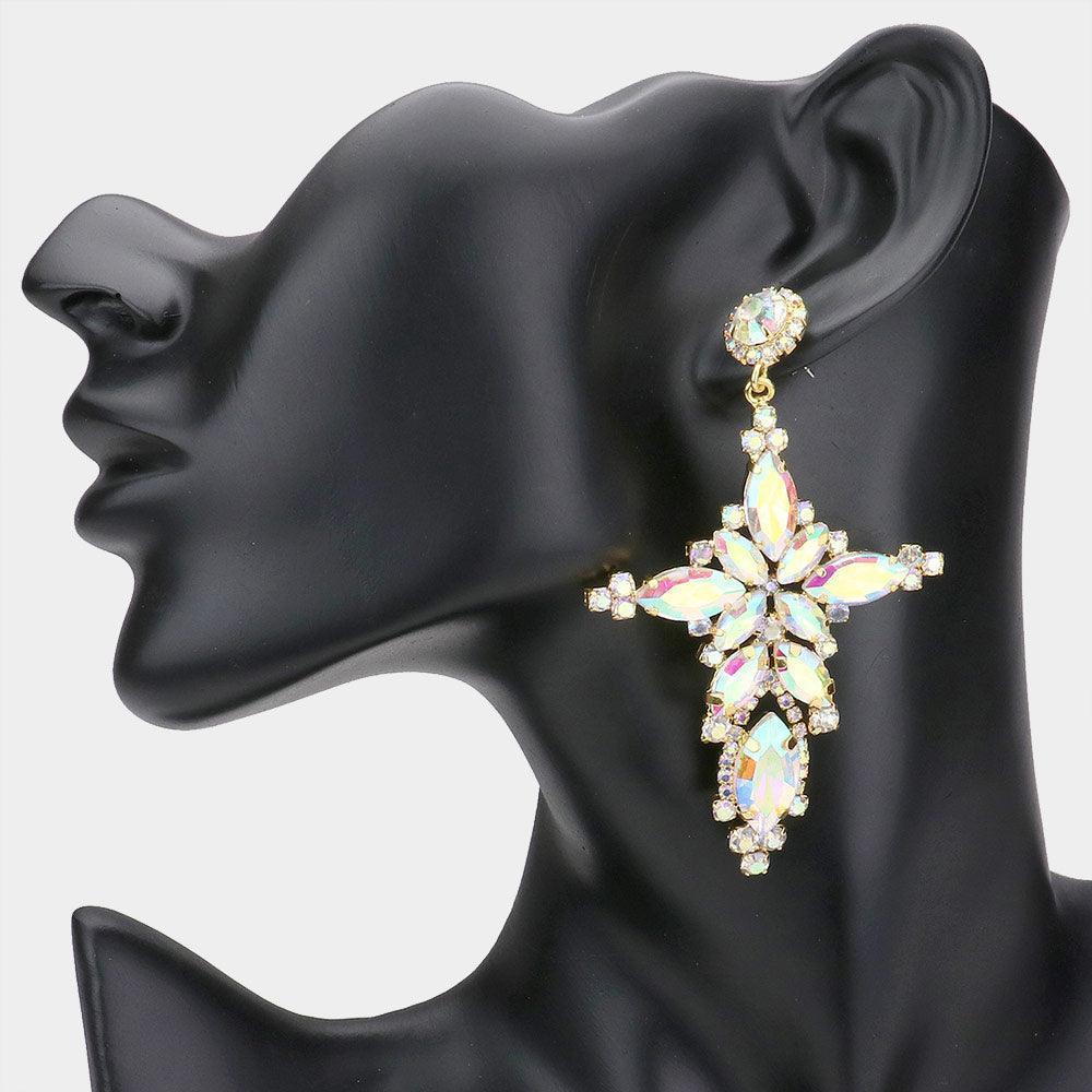 Gold Marquise Stone Cluster Cross Dangle Evening Earrings - Jewelry Store by Erik Rayo
