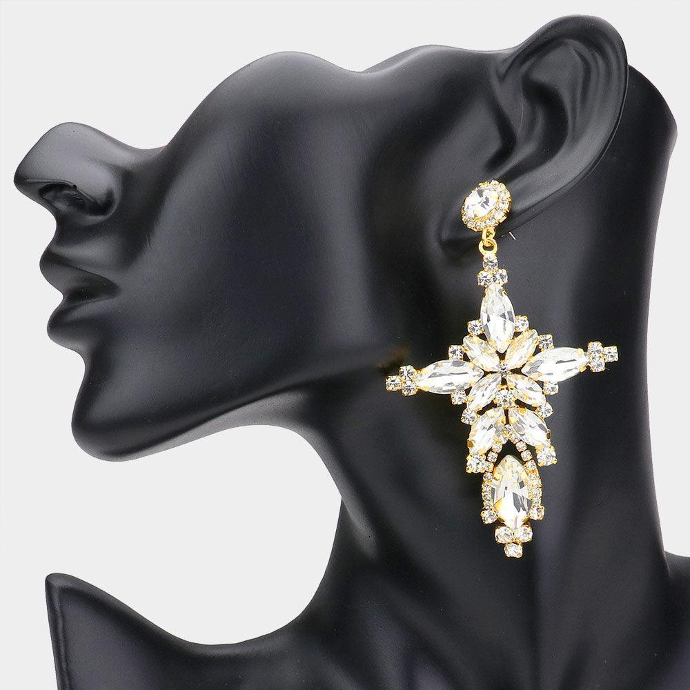 Gold Marquise Stone Cluster Cross Dangle Evening Earrings - Jewelry Store by Erik Rayo