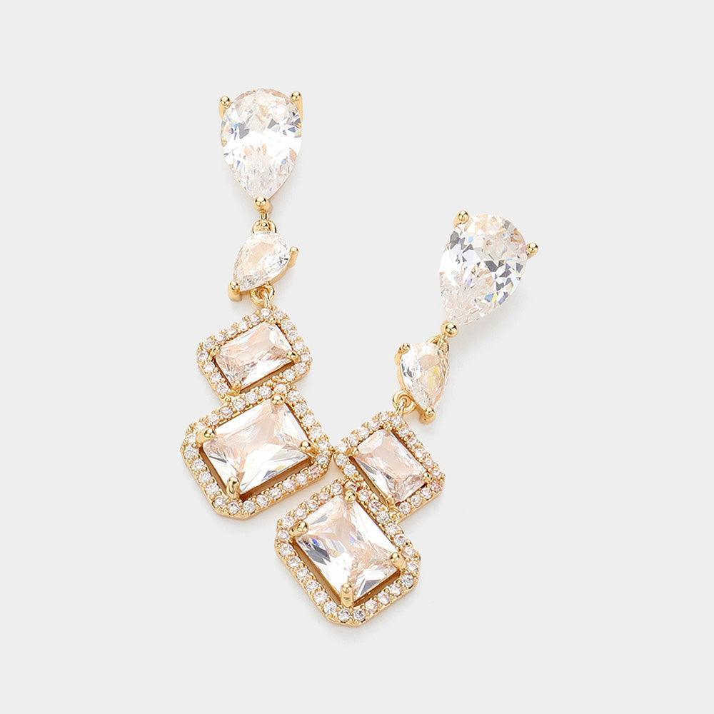 Gold CZ Marquise Emerald Stone Cluster Dangle Evening Earrings - Jewelry Store by Erik Rayo