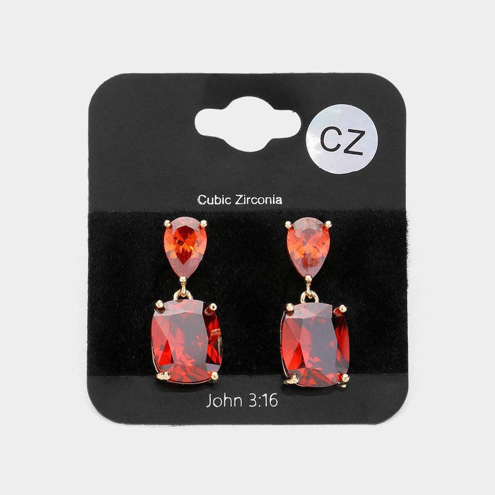 Gold CZ Teardrop Rectangle Stone Cluster Dangle Evening Earrings - Jewelry Store by Erik Rayo