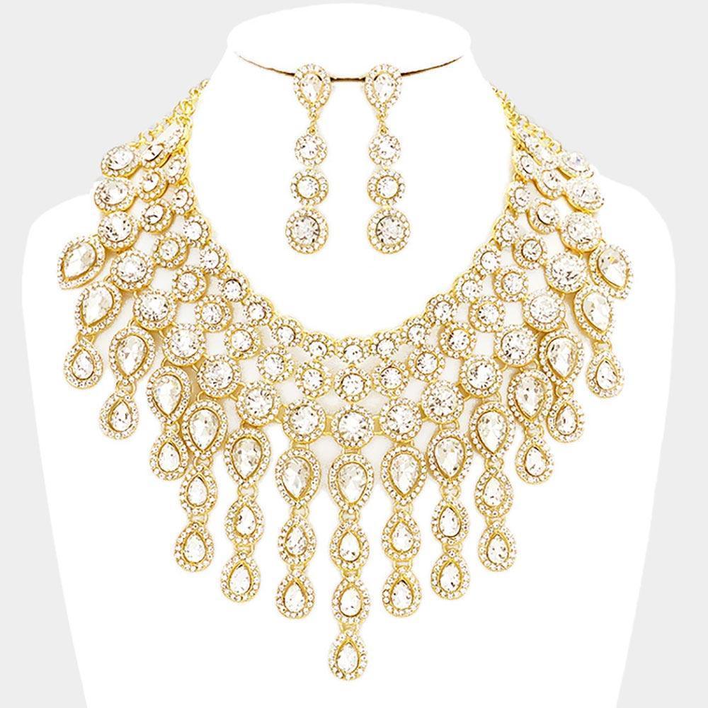 Gold Round Teardrop Stone Cluster Evening Bib Necklace - Jewelry Store by Erik Rayo