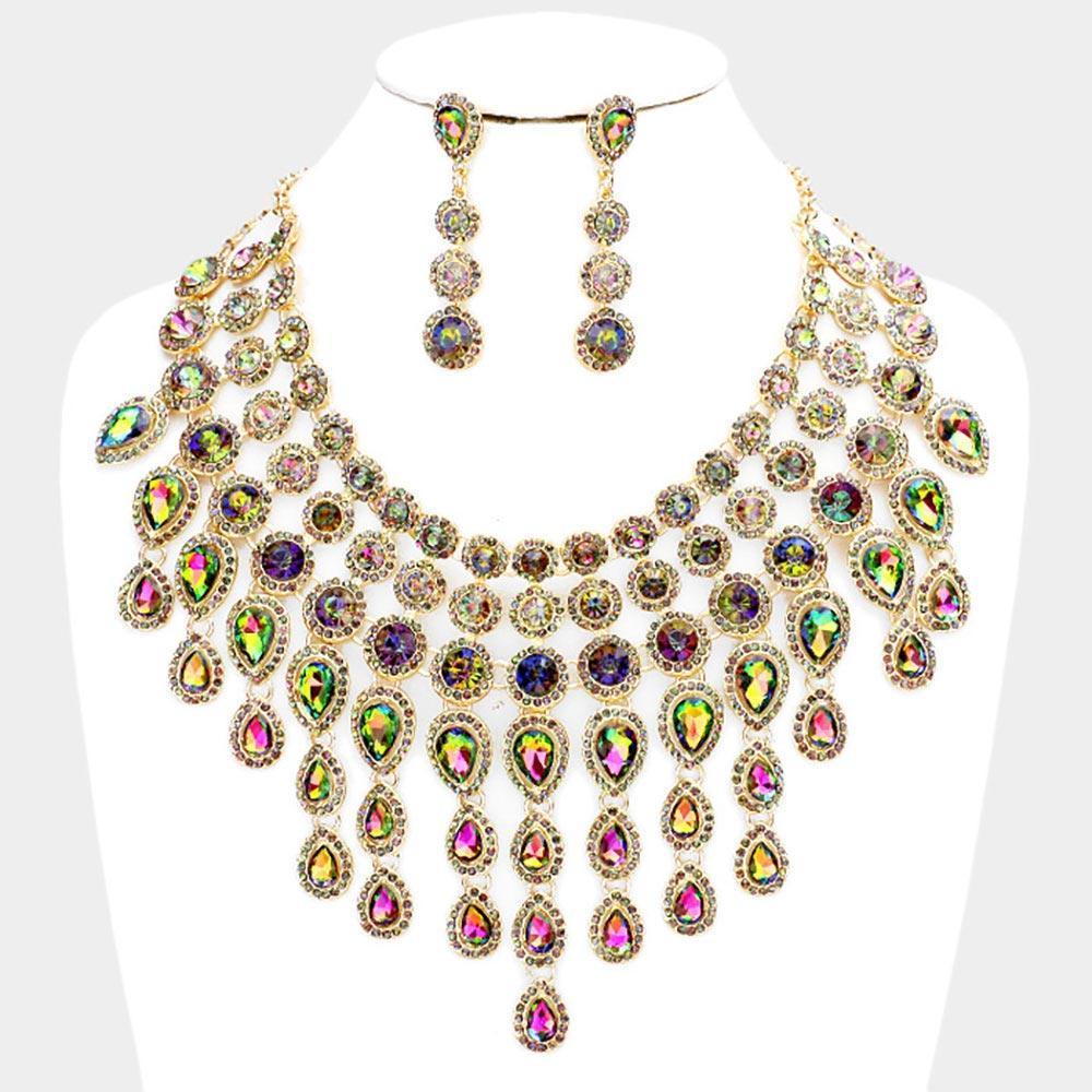 Gold Round Teardrop Stone Cluster Evening Bib Necklace - Jewelry Store by Erik Rayo