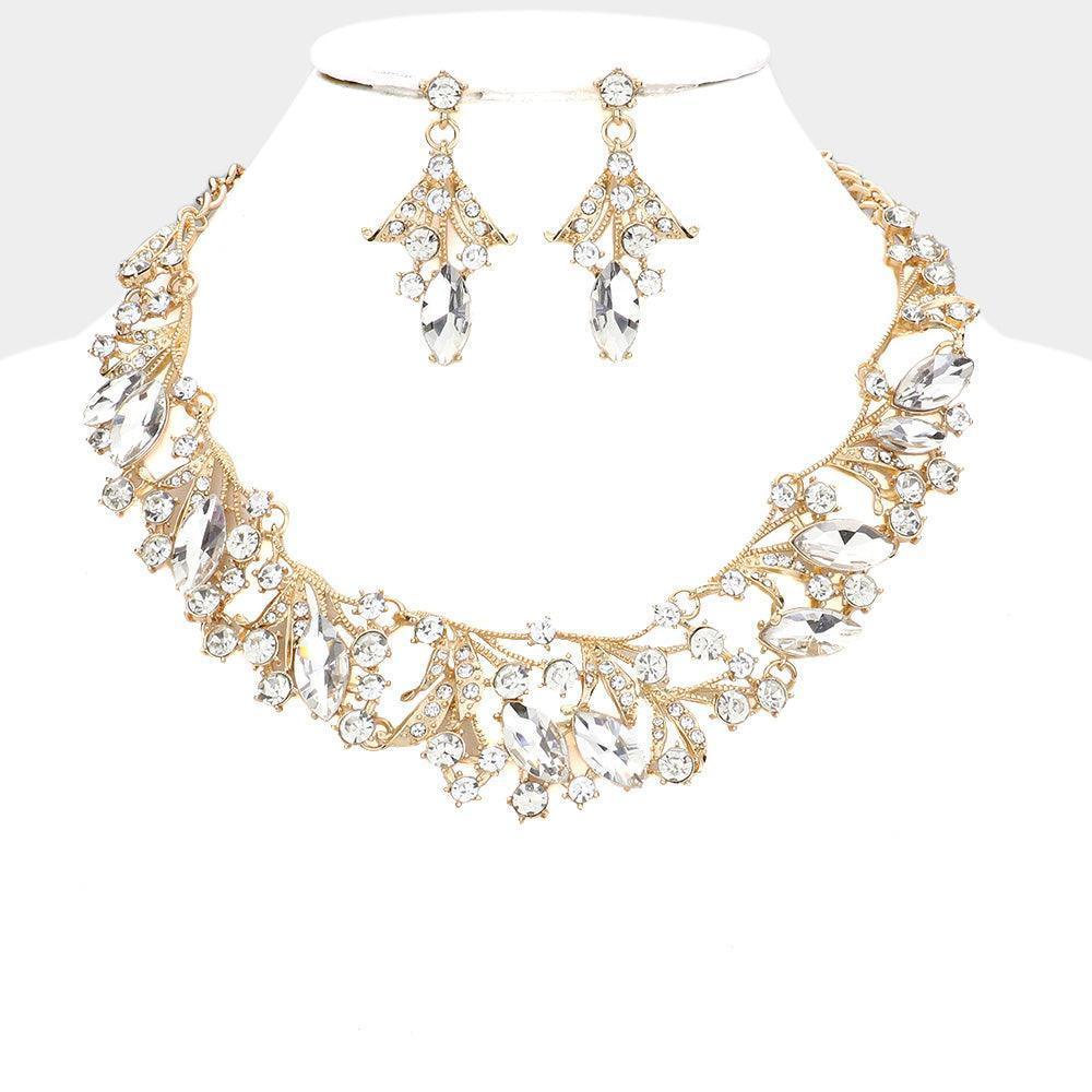 Gold Marquise Stone Accented Leaf Evening Necklace - Jewelry Store by Erik Rayo