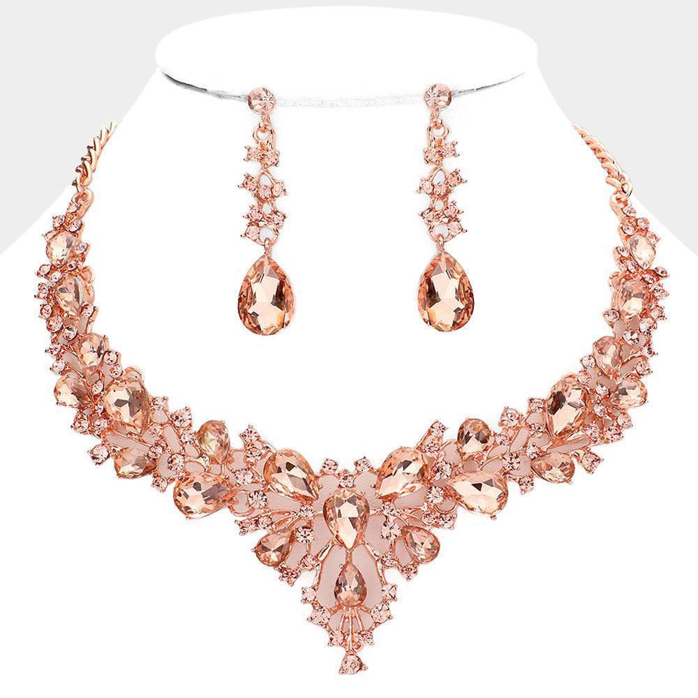Rose Gold Teardrop Round Stone Cluster Evening Necklace - Jewelry Store by Erik Rayo