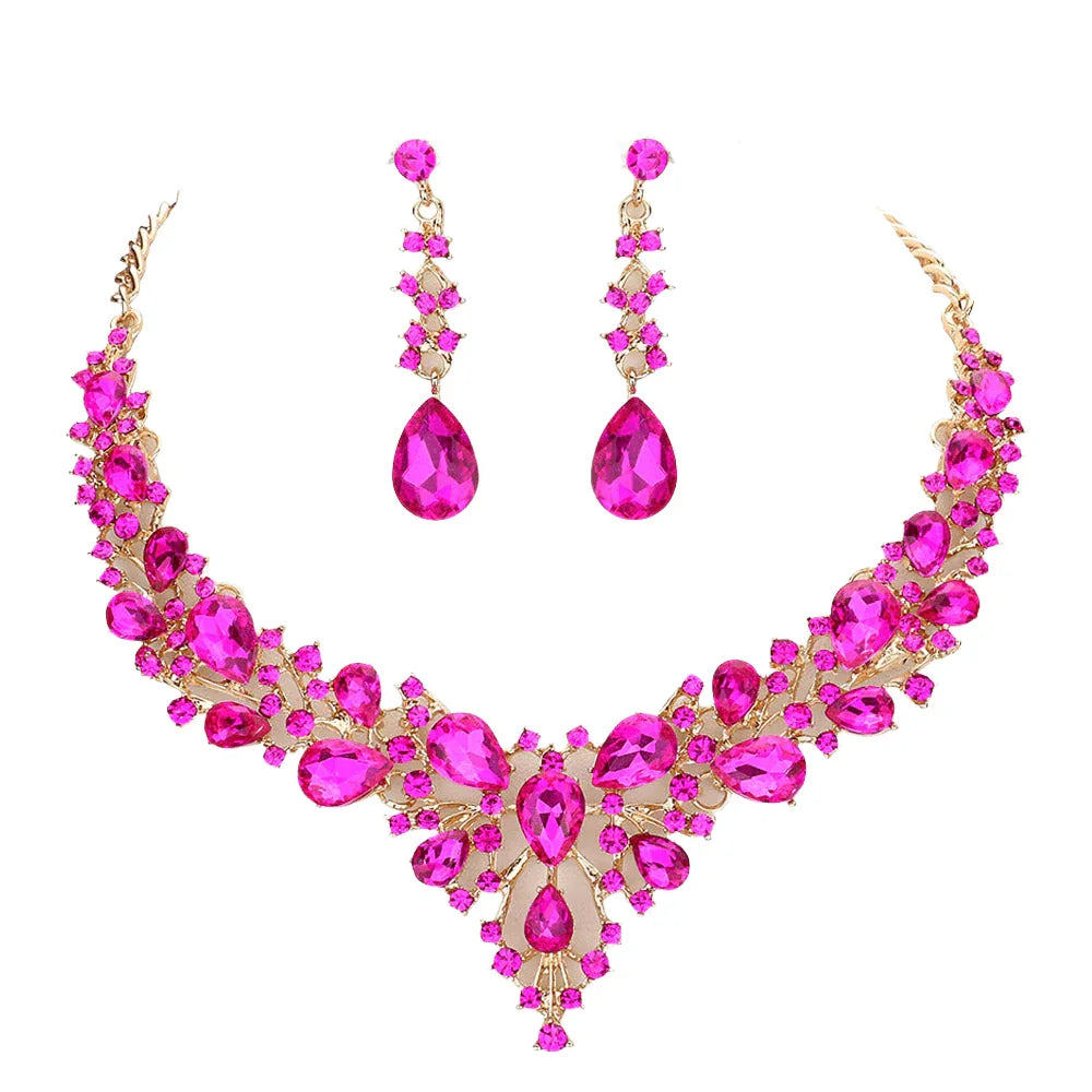 Gold Teardrop Round Stone Cluster Evening Necklace - Jewelry Store by Erik Rayo