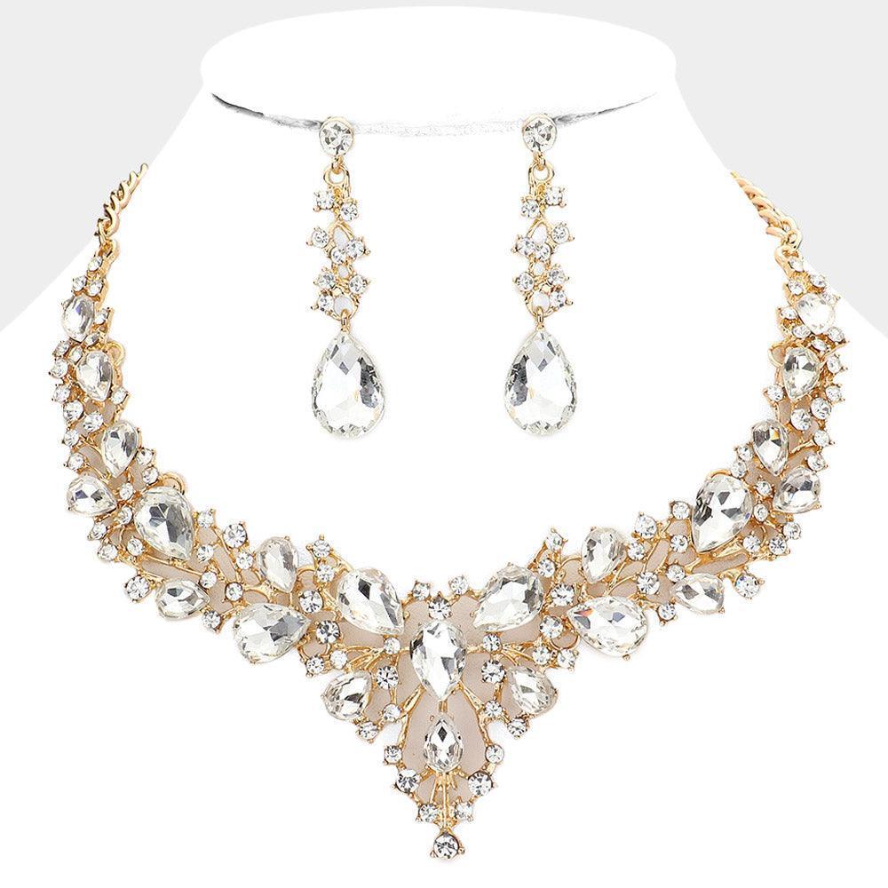 Gold Teardrop Round Stone Cluster Evening Necklace - Jewelry Store by Erik Rayo