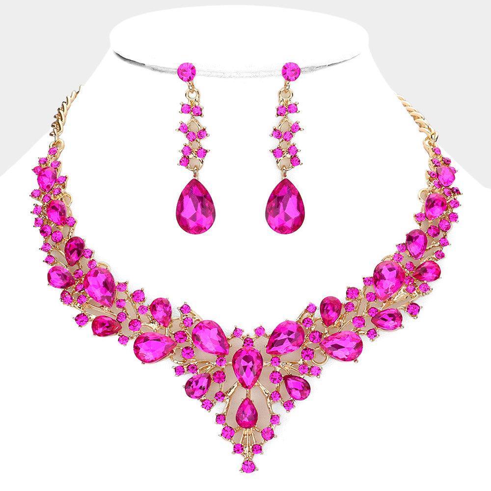 Gold Teardrop Round Stone Cluster Evening Necklace - Jewelry Store by Erik Rayo